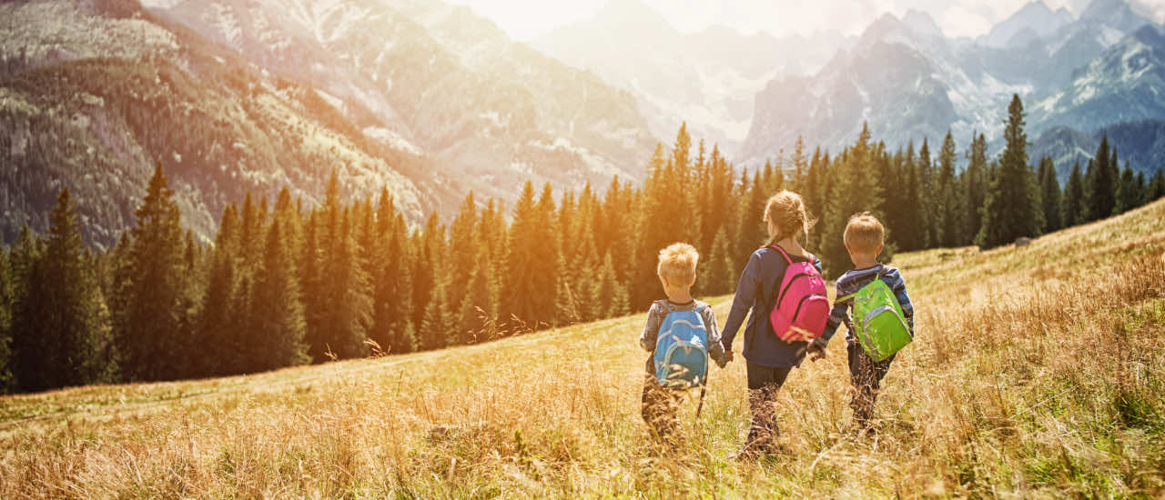 Three children wearing colorful backpacks walking hand-in-hand through a sunlit alpine meadow toward distant forested mountains under a clear sky.