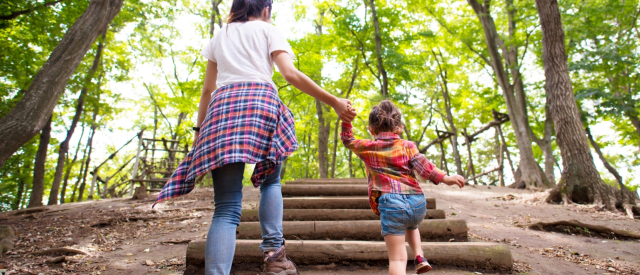 Mother and young child holding hands while climbing wooden steps through lush green forest