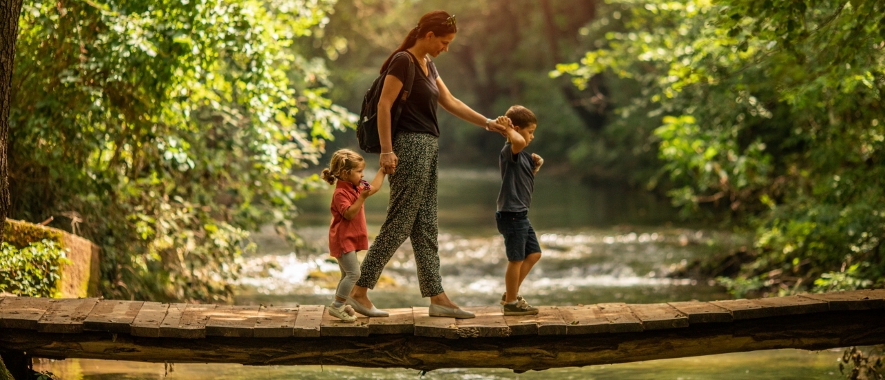 Mother walking with two young children on a sunny tree-lined park path, holding hands