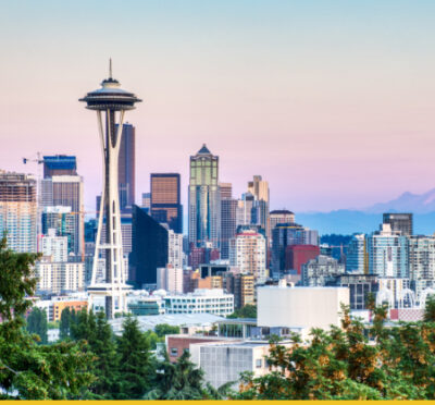 Seattle skyline with Space Needle at sunset